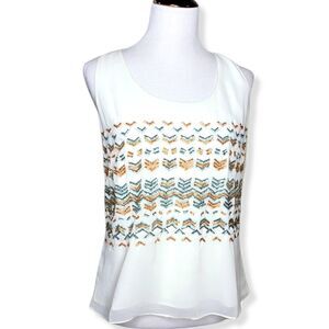Greylin Racerback Sequin Bead Embellished Boho Tank Top Blouse White Medium